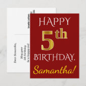 Rood, Faux Gold 5th Birthday + Eigen naam Briefkaa Briefkaart (Voorkant / Achterkant)