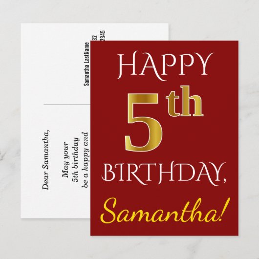 Rood, Faux Gold 5th Birthday + Eigen naam Briefkaa Briefkaart (Voorkant / Achterkant)