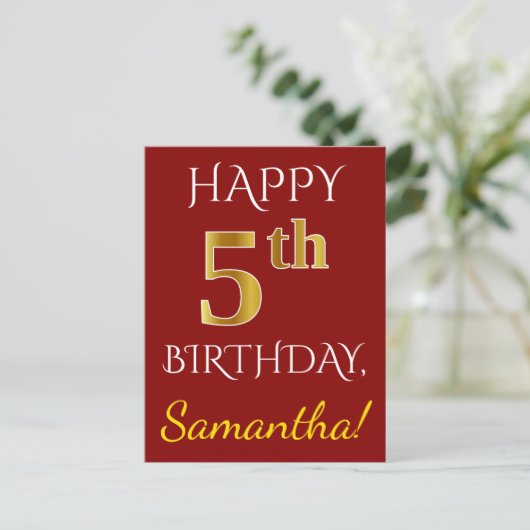 Rood, Faux Gold 5th Birthday + Eigen naam Briefkaa Briefkaart (Staand voorkant)