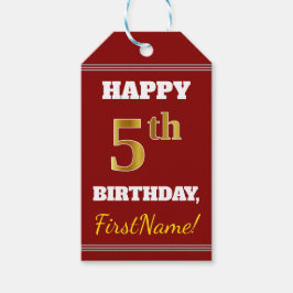 Rood, Faux Gold 5th Birthday + Eigen naam Cadeaulabel