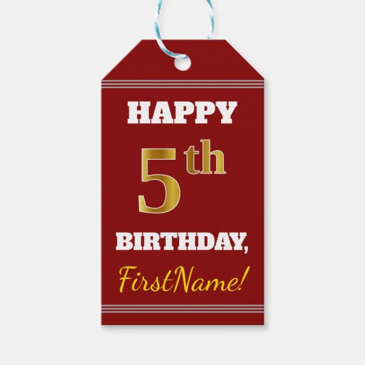 Rood, Faux Gold 5th Birthday + Eigen naam Cadeaulabel (Voorkant)