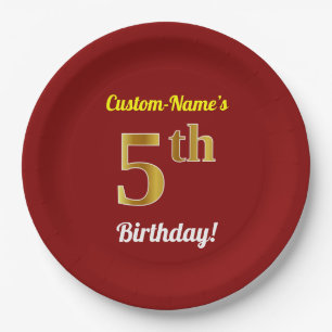 Rood, Faux Gold 5th Birthday + Eigen naam Papieren Bordje
