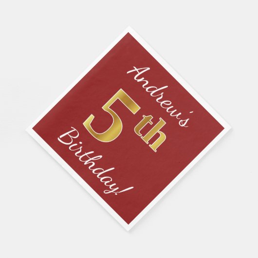 Rood, Faux Gold 5th Birthday + Eigen naam Servetten (Hoek)
