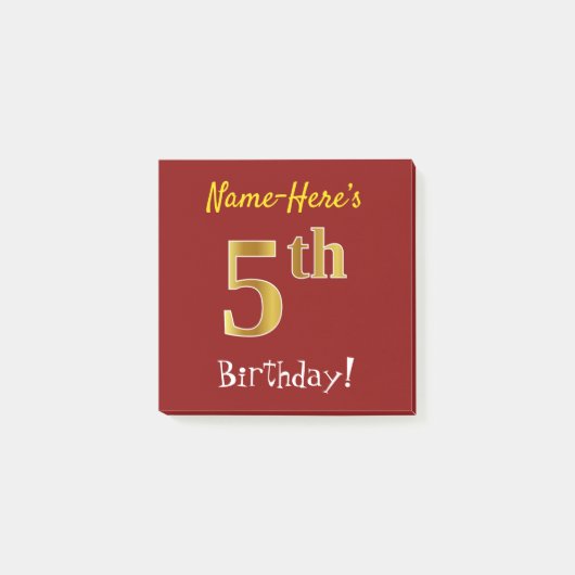 Rood, Faux Gold 5th Birthday, met aangepaste naam Post-it® Notes (Voorkant)