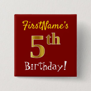 Rood, Faux Gold 5th Birthday, met aangepaste naam Vierkante Button 5,1 Cm