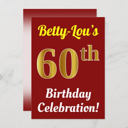 Rood, Faux Gold 60e verjaardag viering + Naam Kaart (Voorkant / Achterkant)