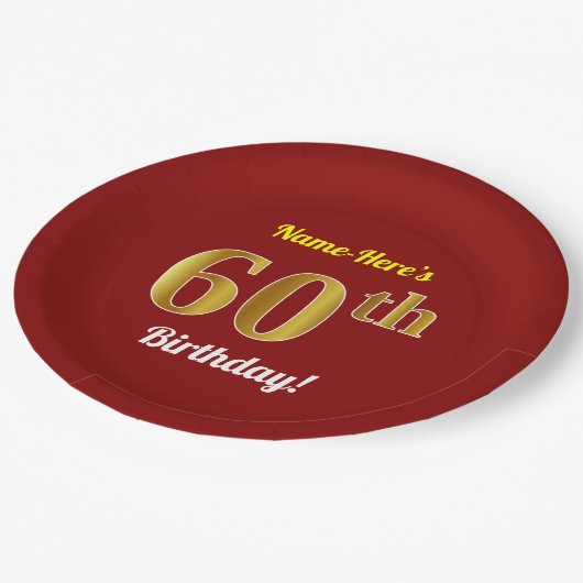 Rood, Faux Gold 60ste verjaardag + aangepaste naam Papieren Bordje (Gekanteld)