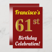 Rood, Faux Gold 61st verjaardag + naam Kaart (Voorkant / Achterkant)