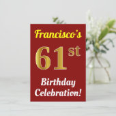 Rood, Faux Gold 61st verjaardag + naam Kaart (Staand voorkant)