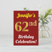 Rood, Faux Gold 62e verjaardag viering + naam Kaart (Staand voorkant)