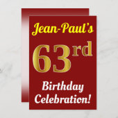 Rood, Faux Gold 63ste verjaardag viering + naam Kaart (Voorkant / Achterkant)