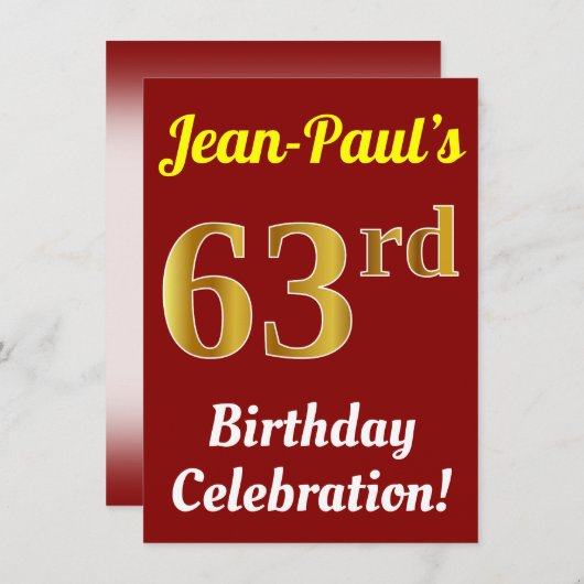Rood, Faux Gold 63ste verjaardag viering + naam Kaart (Voorkant / Achterkant)