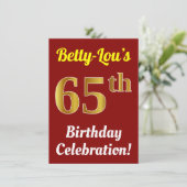 Rood, Faux Gold 65e verjaardag viering + naam Kaart (Staand voorkant)