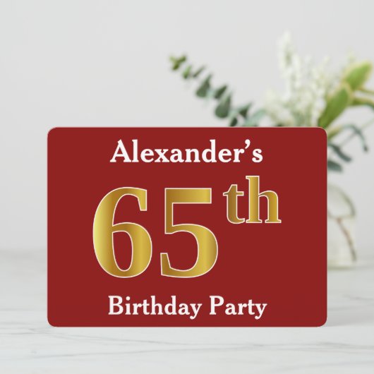 Rood, Faux Gold 65ste verjaardagsfeestje + aangepa Kaart (Staand voorkant)
