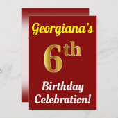 Rood, Faux Gold 6th Birthday Celebration + naam Kaart (Voorkant / Achterkant)