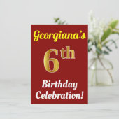 Rood, Faux Gold 6th Birthday Celebration + naam Kaart (Staand voorkant)