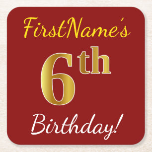 Rood, Faux Gold 6th Birthday + Eigen naam Kartonnen Onderzetters