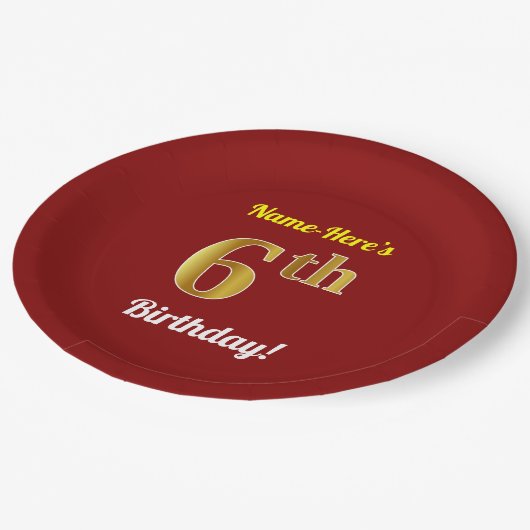 Rood, Faux Gold 6th Birthday + Eigen naam Papieren Bordje (Gekanteld)