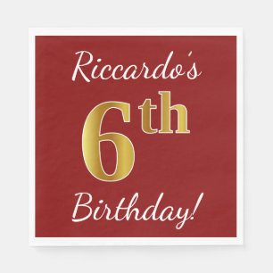 Rood, Faux Gold 6th Birthday + Eigen naam Servet