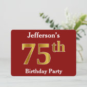 Rood, Faux Gold 75ste verjaardagsfeestje + aangepa Kaart (Staand voorkant)