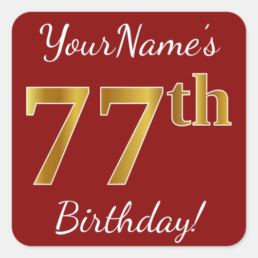 Rood, Faux Gold 77th Birthday + Sticker voor aange (Voorkant)