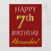 Rood, Faux Gold 7th Birthday + Eigen naam Briefkaa Briefkaart (Voorkant)