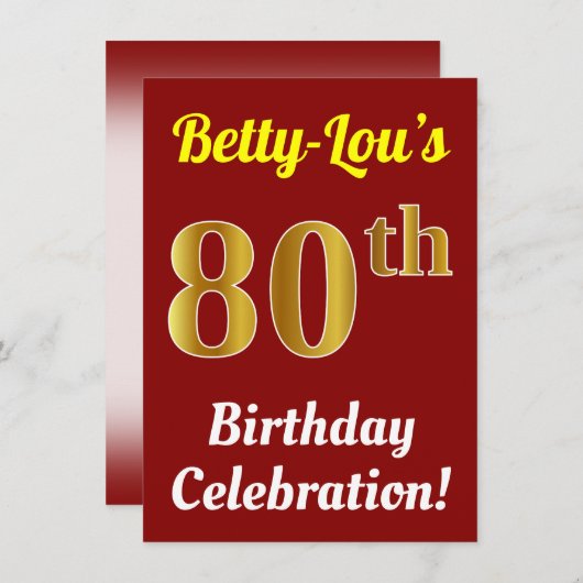 Rood, Faux Gold 80ste verjaardag viering + naam Kaart (Voorkant / Achterkant)