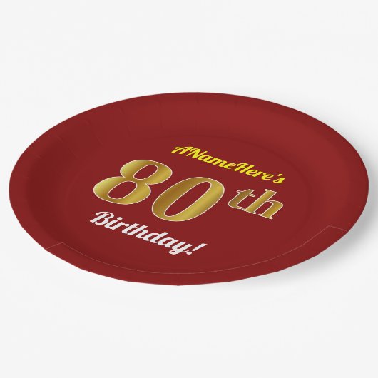 Rood, Faux Gold 80th Birthday + Eigen naam Papieren Bordje (Gekanteld)
