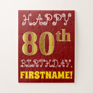 Rood, Faux Gold 80th Birthday + Eigen naam Puzzle Legpuzzel
