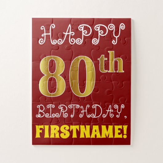 Rood, Faux Gold 80th Birthday + Eigen naam Puzzle Legpuzzel (Verticaal)
