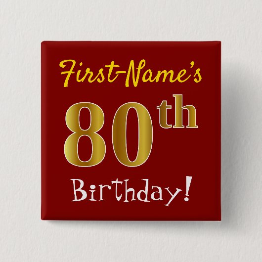 Rood, Faux Gold 80th Birthday, met aangepaste naam Vierkante Button 5,1 Cm (Voorkant)
