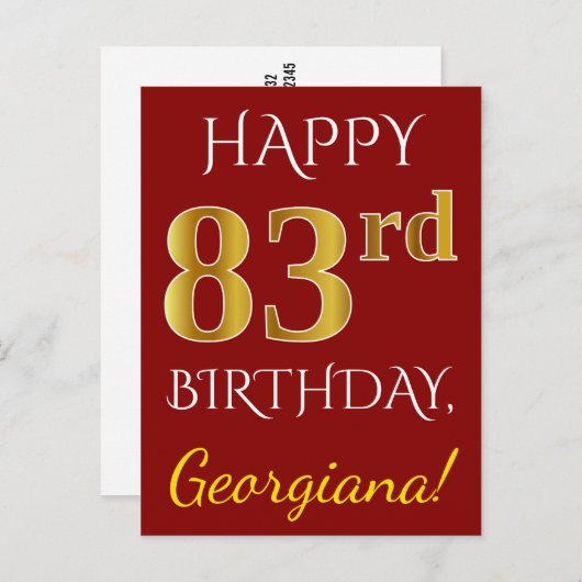 Rood, Faux Gold 83rd Birthday + Eigen naam Briefkaart (Voorkant / Achterkant)