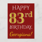 Rood, Faux Gold 83rd Birthday + Eigen naam Briefkaart (Voorkant)