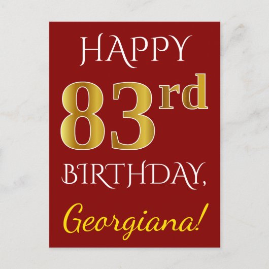 Rood, Faux Gold 83rd Birthday + Eigen naam Briefkaart (Voorkant)