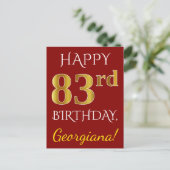 Rood, Faux Gold 83rd Birthday + Eigen naam Briefkaart (Staand voorkant)