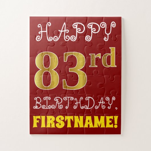 Rood, Faux Gold 83rd Birthday + Eigen naam Puzzle Legpuzzel (Verticaal)