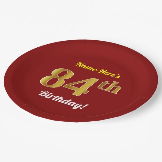 Rood, Faux Gold 84th Birthday + Eigen naam Papieren Bordje (Gekanteld)