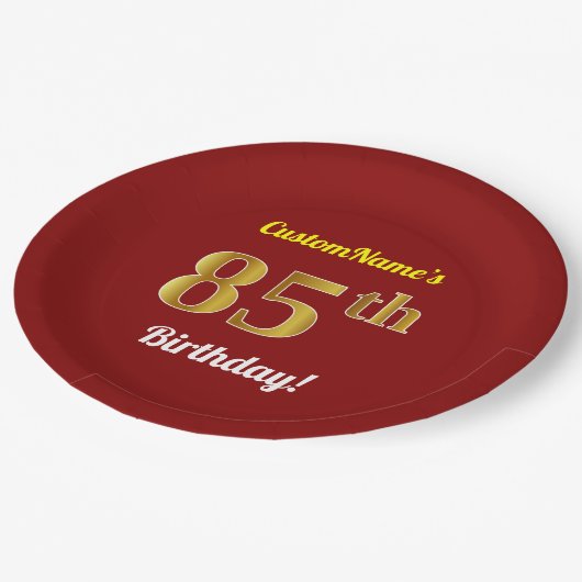 Rood, Faux Gold 85th Birthday + Eigen naam Papieren Bordje (Gekanteld)