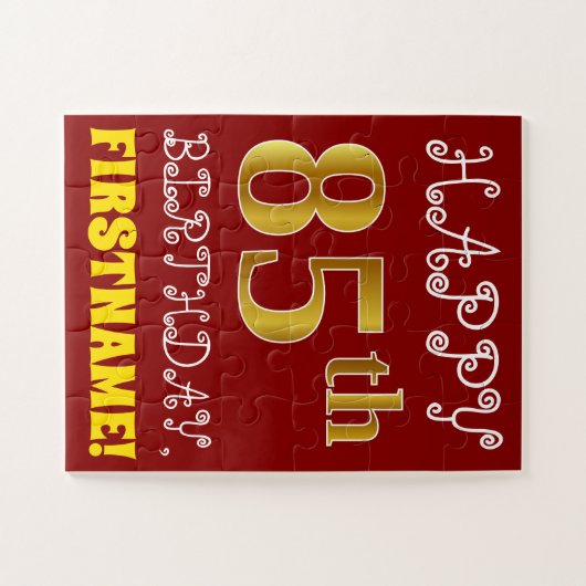 Rood, Faux Gold 85th Birthday + Eigen naam Puzzle Legpuzzel (Horizontaal)