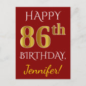 Rood, Faux Gold 86th Birthday + Eigen naam Briefkaart (Voorkant)
