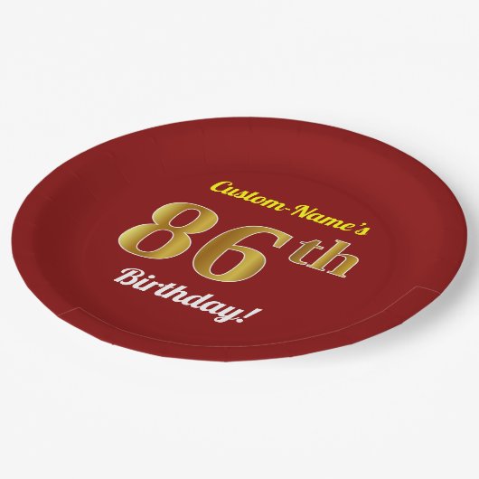 Rood, Faux Gold 86th Birthday + Eigen naam Papieren Bordje (Gekanteld)