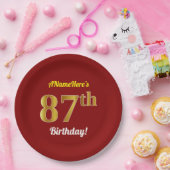 Rood, Faux Gold 87th Birthday + Eigen naam Papieren Bordje (Feest)