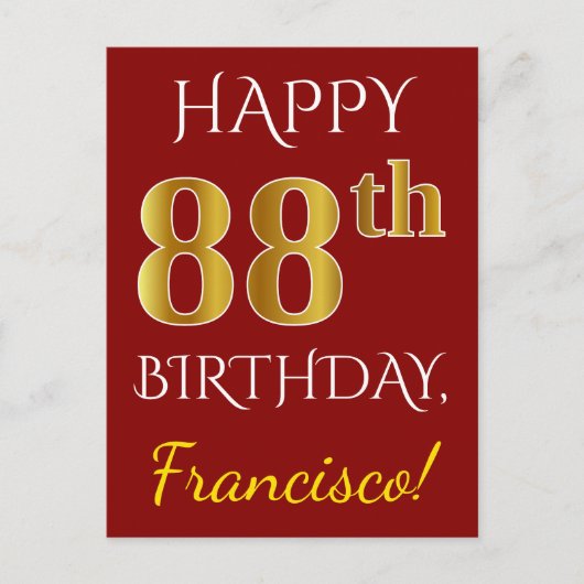 Rood, Faux Gold 88th Birthday + Eigen naam Briefkaart (Voorkant)