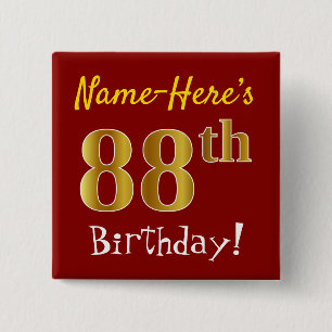 Rood, Faux Gold 88th Birthday, met aangepaste naam Vierkante Button 5,1 Cm