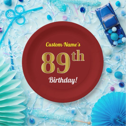 Rood, Faux Gold 89th Birthday + Eigen naam Papieren Bordje (Feest)