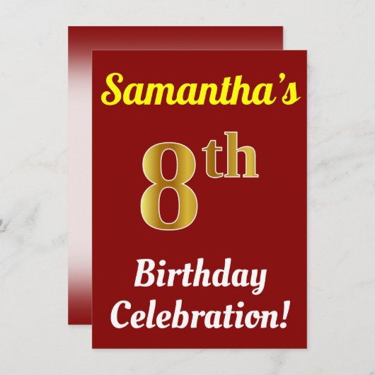 Rood, Faux Gold 8th Birthday Celebration + naam Kaart (Voorkant / Achterkant)