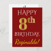 Rood, Faux Gold 8th Birthday + Eigen naam Briefkaa Briefkaart (Voorkant / Achterkant)