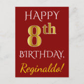 Rood, Faux Gold 8th Birthday + Eigen naam Briefkaa Briefkaart (Voorkant)