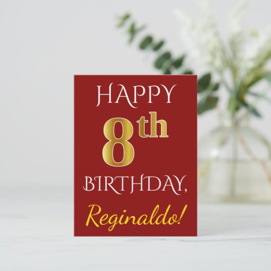 Rood, Faux Gold 8th Birthday + Eigen naam Briefkaa Briefkaart (Staand voorkant)
