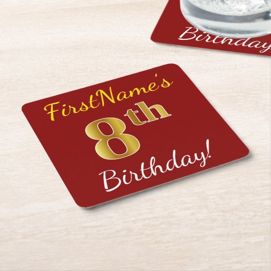Rood, Faux Gold 8th Birthday + Eigen naam Kartonnen Onderzetters (Schuin)